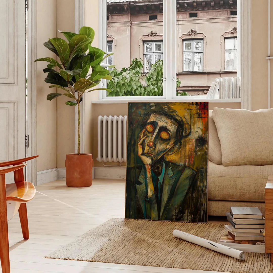 Abstract expressionism artwork with bold green and orange colors - in a Parisian living room with a sofa and a fig plant