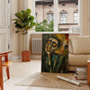 Abstract expressionism artwork with bold green and orange colors - in a Parisian living room with a sofa and a fig plant