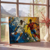 Abstract expressionism with deep blue and gray tones depicting emotional depth - beside a round wooden side table with books