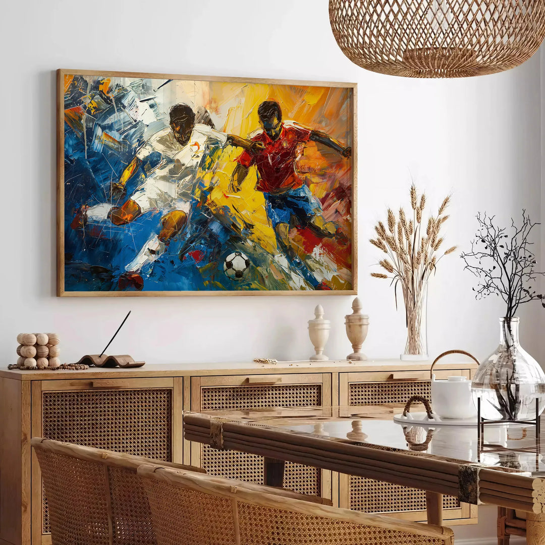 Abstract expressionism with deep blue and gray tones depicting emotional depth - in a Parisian living room with a sofa and a fig plant