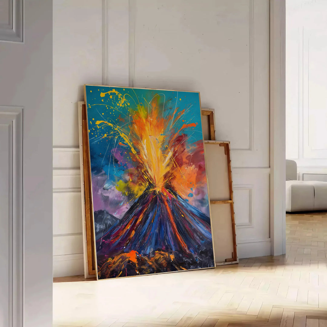Dynamic expressionism artwork featuring bold green and orange colors - leaning on a herringbone floor against a white panelled wall