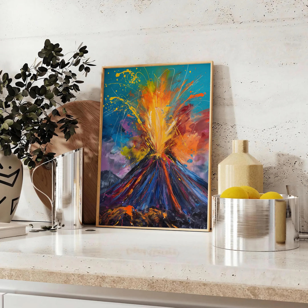 Dynamic expressionism artwork featuring bold green and orange colors - styled on a counter with eucalyptus and a bowl of lemons