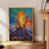 Dynamic expressionism artwork featuring bold green and orange colors - beside a round wooden side table with books