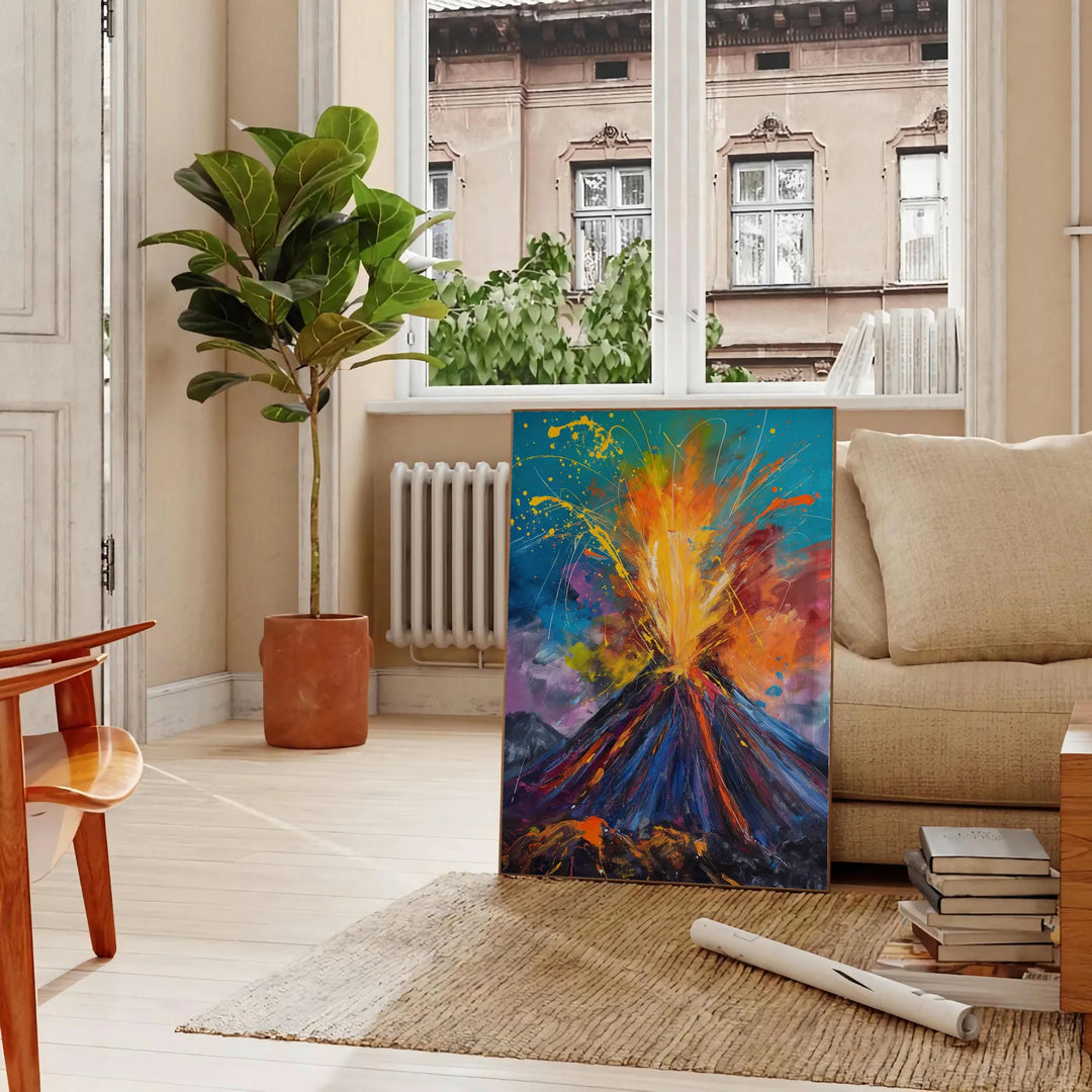 Dynamic expressionism artwork featuring bold green and orange colors - in a Parisian living room with a sofa and a fig plant