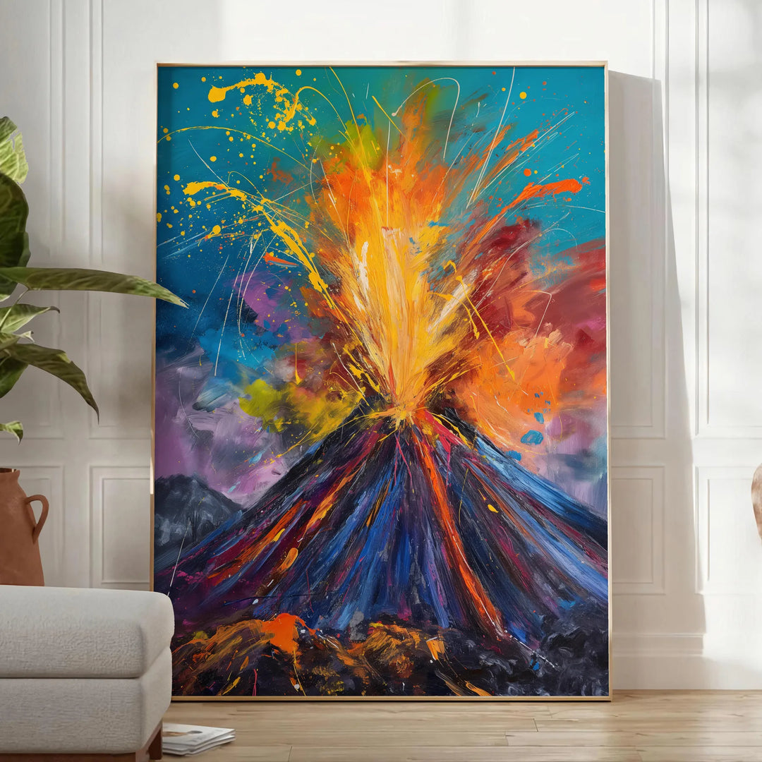 Dynamic expressionism artwork featuring bold green and orange colors - in a bright minimalist room with a plant and an armchair