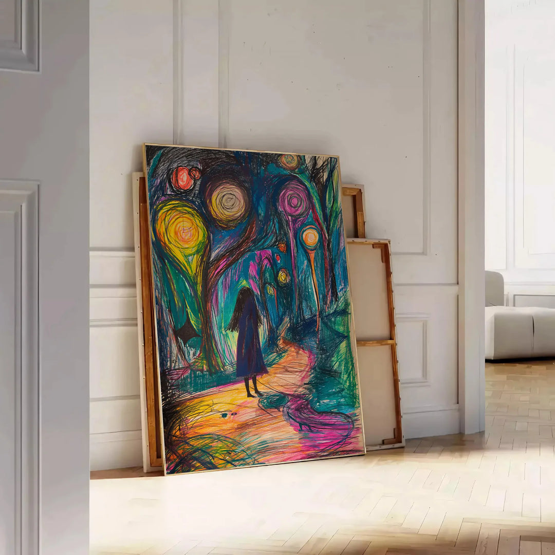 Abstract expressionist design with bold green and blue hues - leaning on a herringbone floor against a white panelled wall