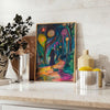 Abstract expressionist design with bold green and blue hues - styled on a counter with eucalyptus and a bowl of lemons