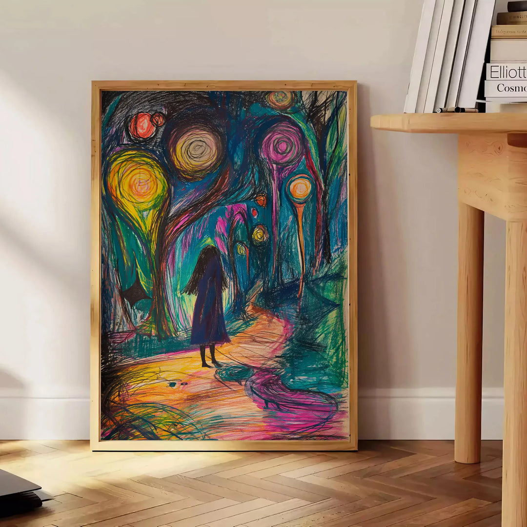 Abstract expressionist design with bold green and blue hues - beside a round wooden side table with books