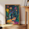 Abstract expressionist design with bold green and blue hues - beside a round wooden side table with books