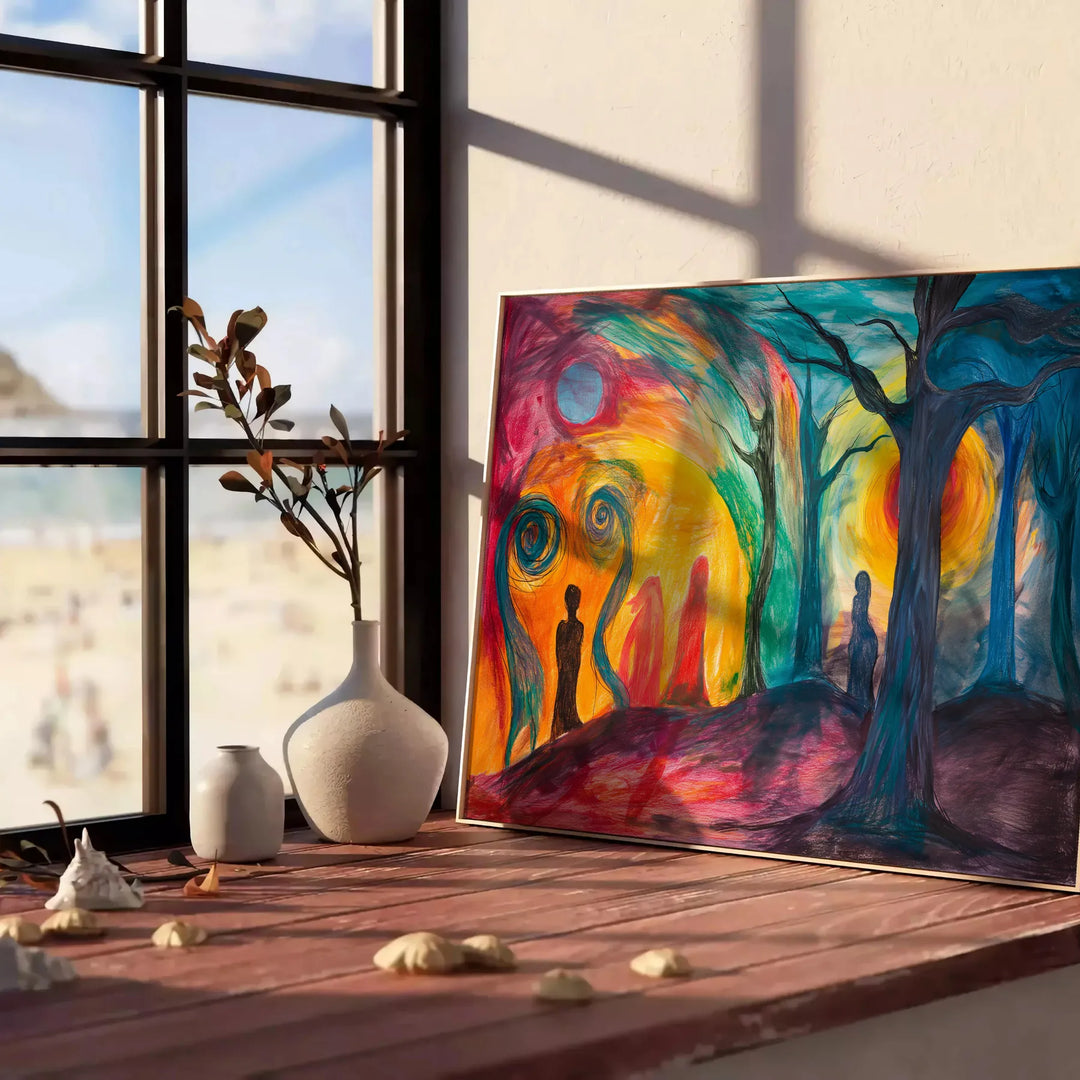 Abstract expressionism artwork with green and orange hues - leaning on a herringbone floor against a white panelled wall