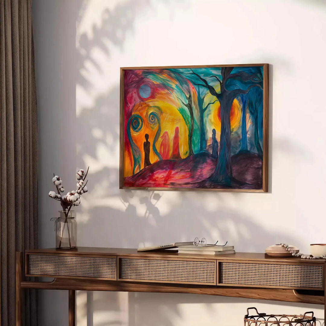 Abstract expressionism artwork with green and orange hues - styled on a counter with eucalyptus and a bowl of lemons