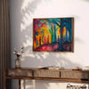 Abstract expressionism artwork with green and orange hues - styled on a counter with eucalyptus and a bowl of lemons