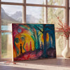 Abstract expressionism artwork with green and orange hues - beside a round wooden side table with books