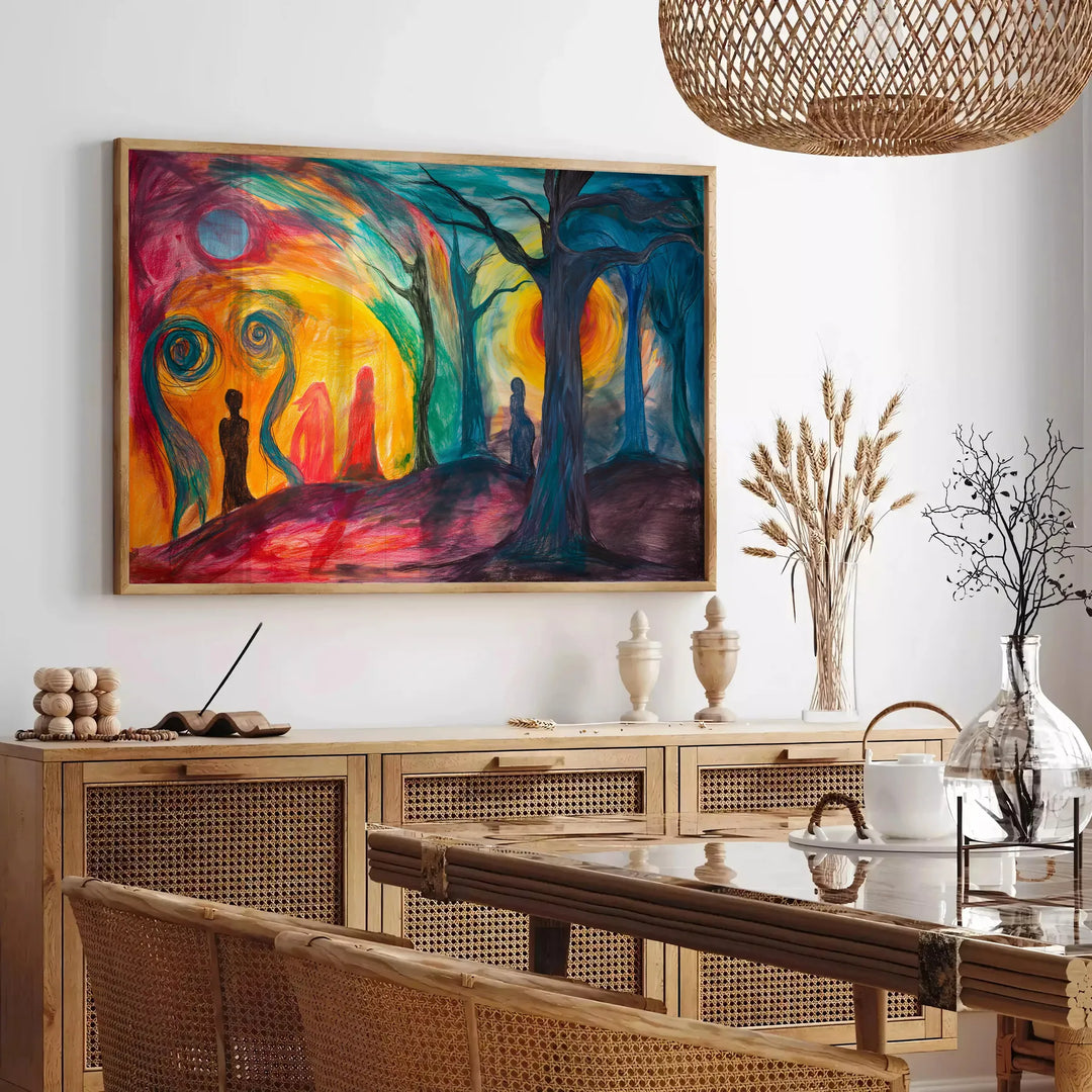 Abstract expressionism artwork with green and orange hues - in a Parisian living room with a sofa and a fig plant