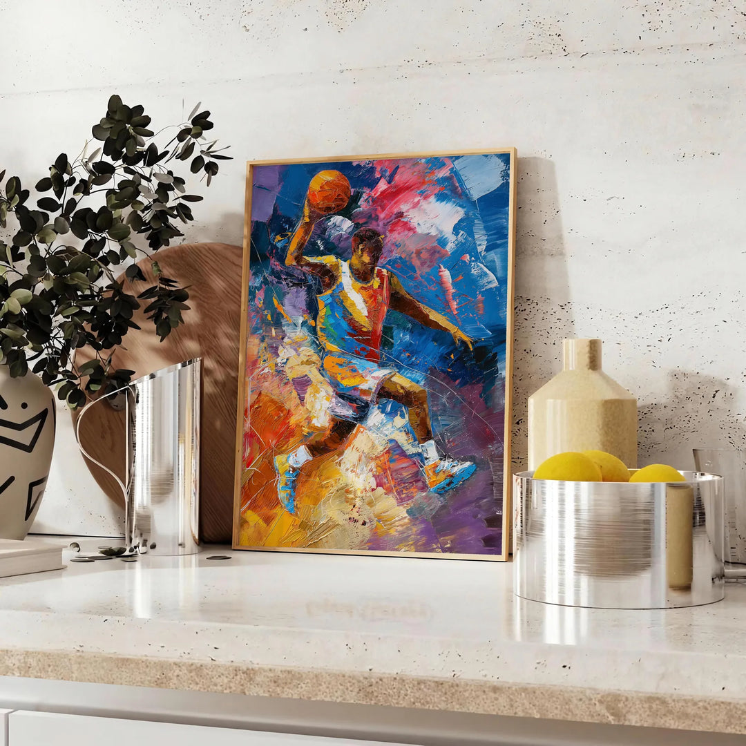 Abstract expressionist artwork with green and blue color splashes - styled on a counter with eucalyptus and a bowl of lemons