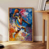 Abstract expressionist artwork with green and blue color splashes - beside a round wooden side table with books