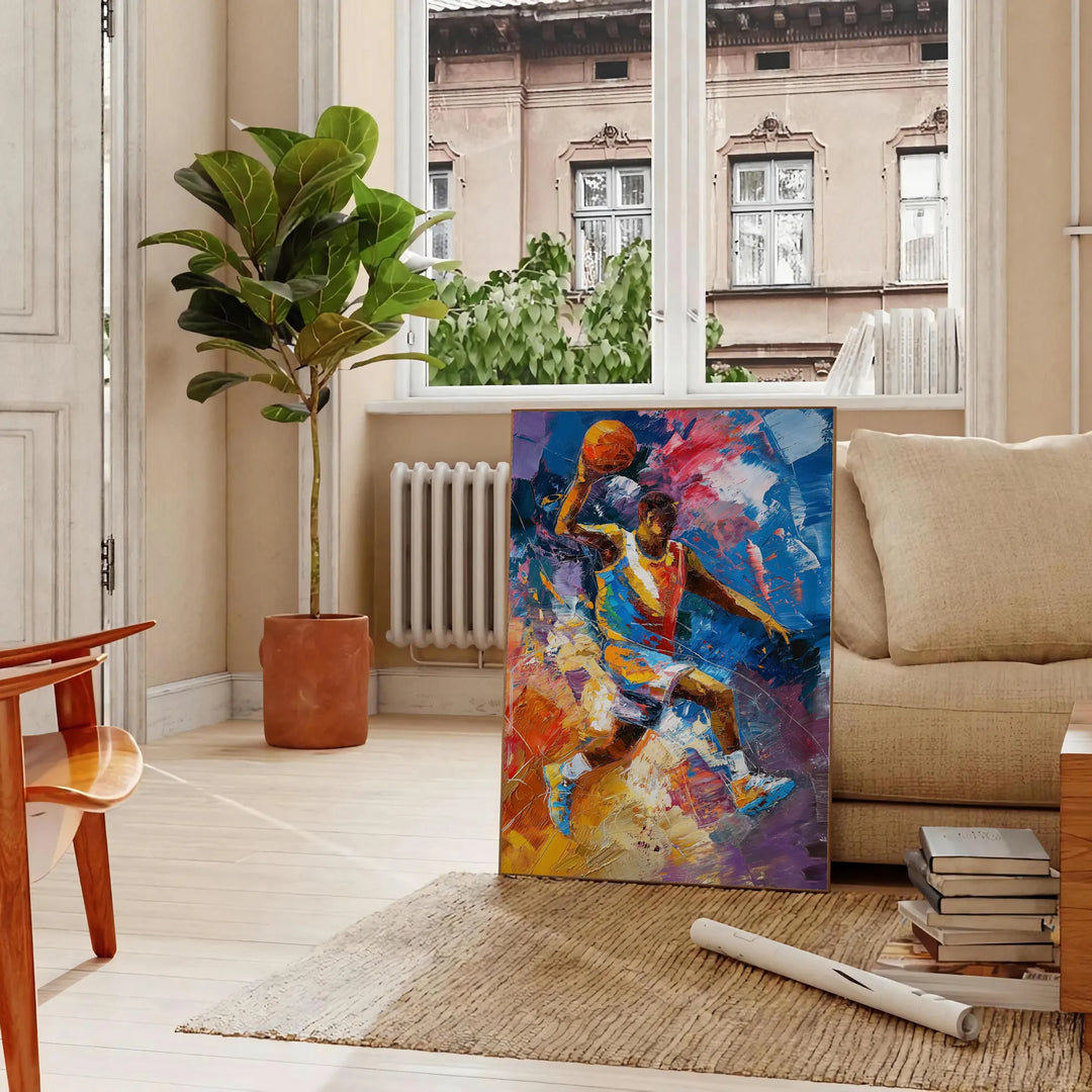 Abstract expressionist artwork with green and blue color splashes - in a Parisian living room with a sofa and a fig plant