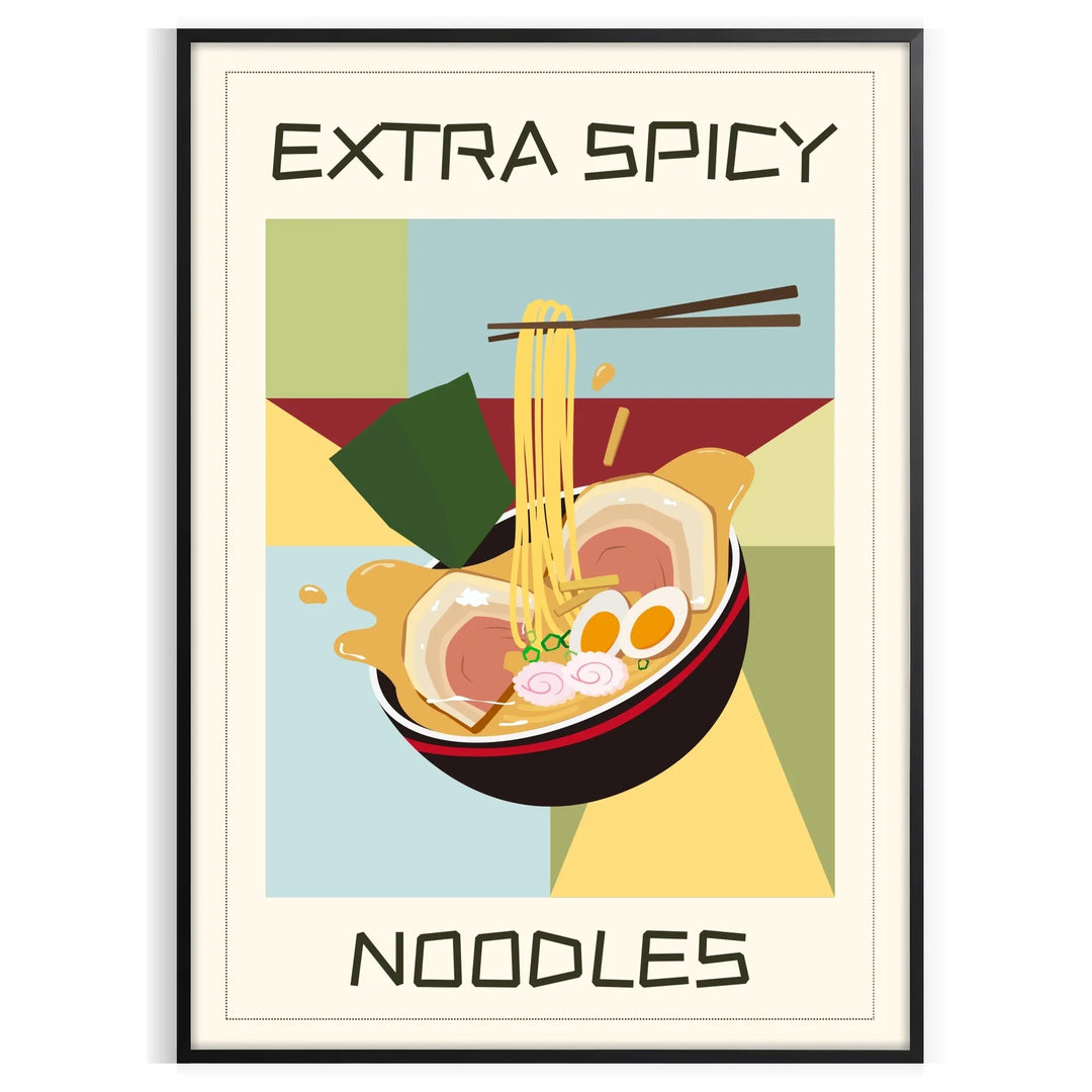 A colorful illustration of spicy noodles in a bowl with chopsticks, featuring yellow and green tones