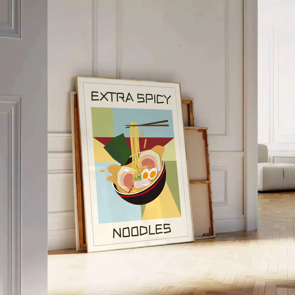 A colorful illustration of spicy noodles in a bowl with chopsticks, featuring yellow and green tones