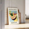 A colorful illustration of spicy noodles in a bowl with chopsticks, featuring yellow and green tones - leaning on a herringbone floor against a white panelled wall