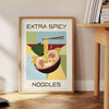 A colorful illustration of spicy noodles in a bowl with chopsticks, featuring yellow and green tones - beside a round wooden side table with books
