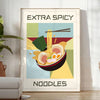 A colorful illustration of spicy noodles in a bowl with chopsticks, featuring yellow and green tones - in a bright minimalist room with a plant and an armchair