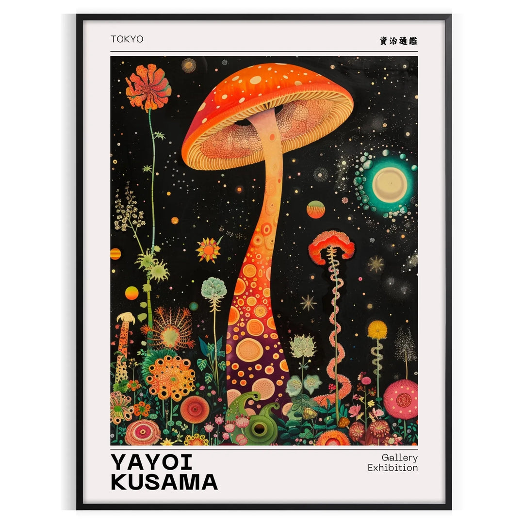 Colorful polka-dotted eyes against an orange background by Yayoi Kusama