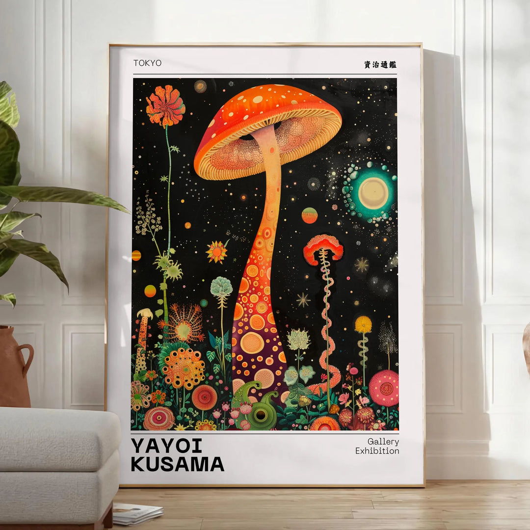 Occhi colorati a pois su sfondo arancione di Yayoi Kusama - in una stanza luminosa e minimalista con pianta e poltrona