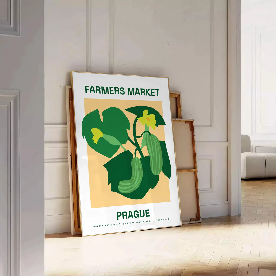 Ilustracja botaniczna z bujnymi zielonymi roślinami i pomarańczowymi akcentami - oparty na podłodze jodełkowej przy białej ścianie z paneli