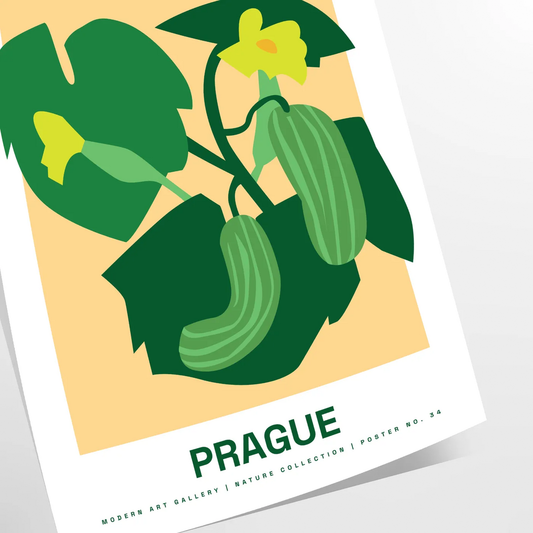 Ilustracja botaniczna z bujnymi zielonymi roślinami i pomarańczowymi akcentami