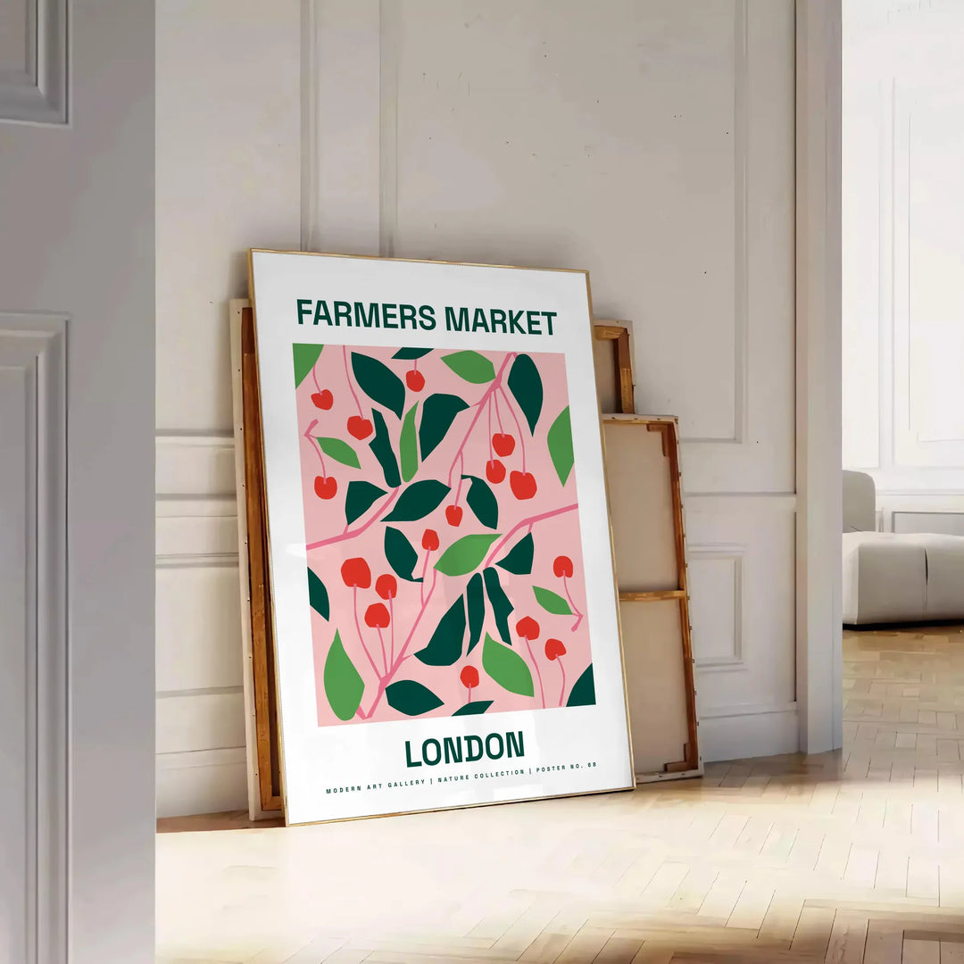 A colorful farmer's market scene with fresh produce and greenery - leaning on a herringbone floor against a white panelled wall