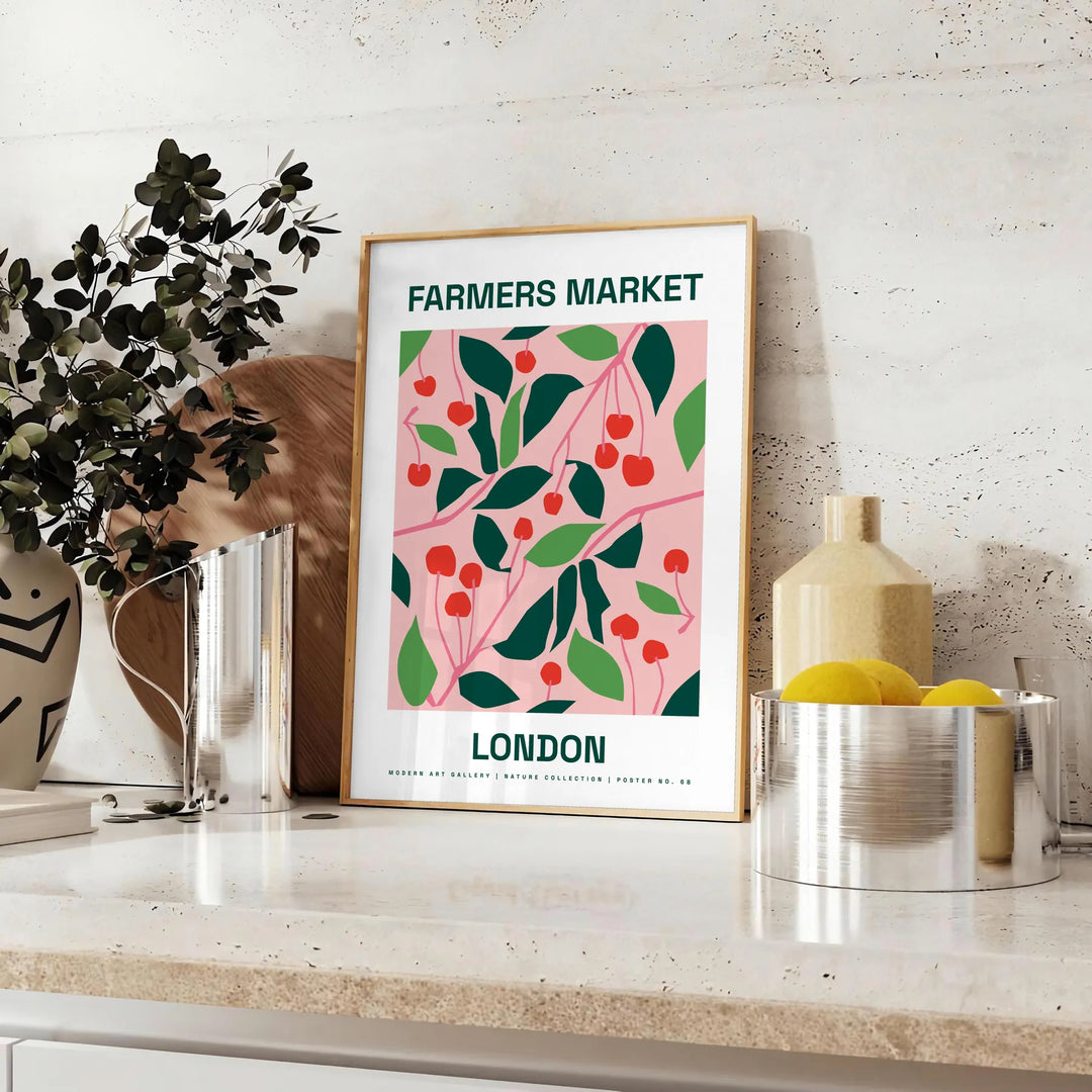A colorful farmer's market scene with fresh produce and greenery - styled on a counter with eucalyptus and a bowl of lemons