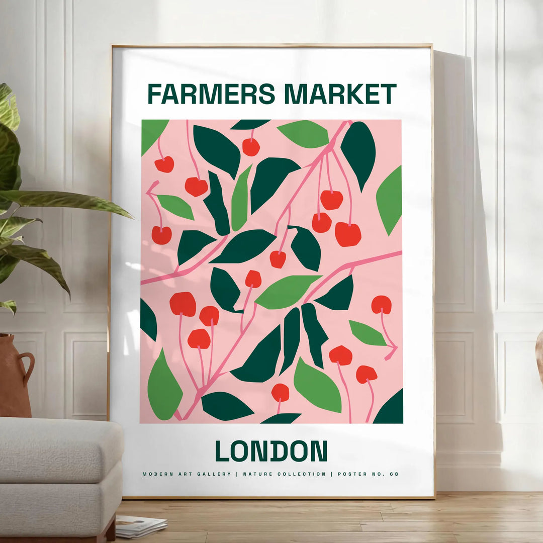A colorful farmer's market scene with fresh produce and greenery - in a bright minimalist room with a plant and an armchair