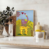 vintage poster featuring a colorful Festival of Arts design with green and blue hues - styled on a counter with eucalyptus and a bowl of lemons