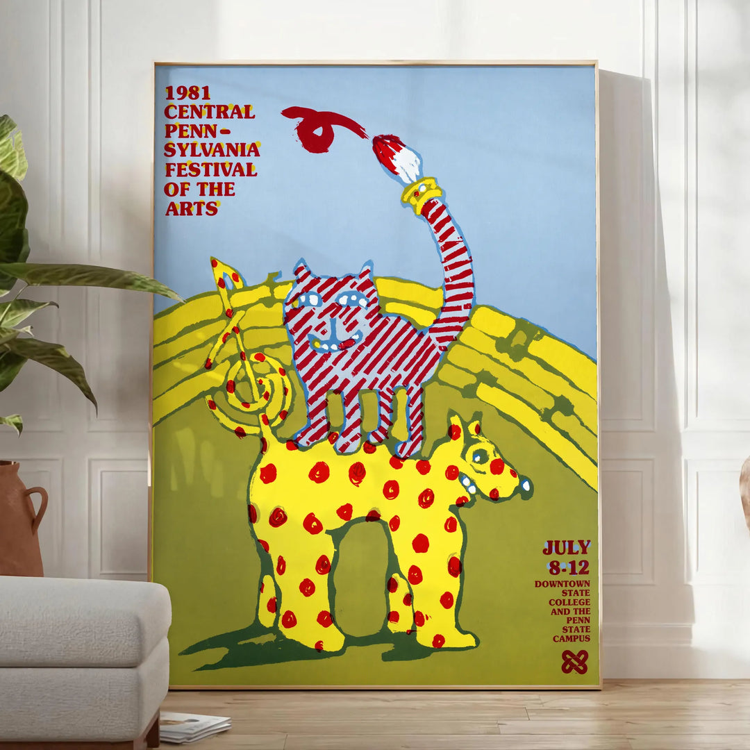 vintage poster featuring a colorful Festival of Arts design with green and blue hues - in a bright minimalist room with a plant and an armchair