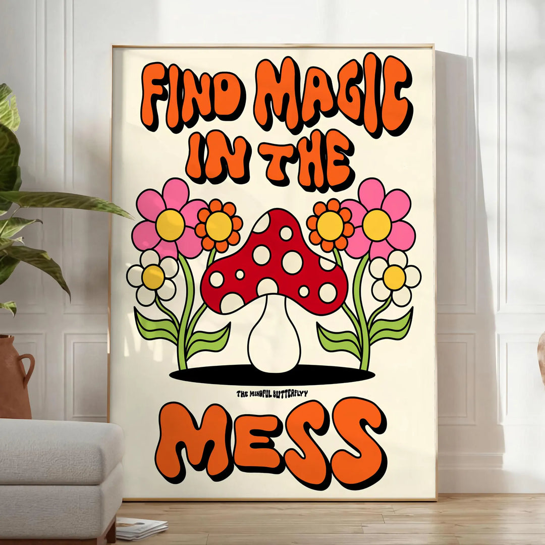 Affiche vibrante Magie Désordre nuances jaune orange une touche groovy intérieur cadeau cadre unique - dans une pièce lumineuse épurée avec plante et fauteuil
