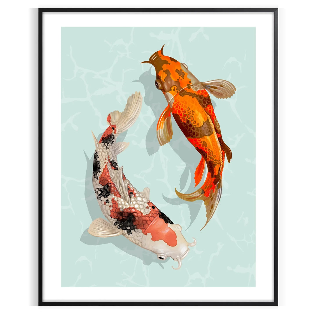 Detailed illustration of a black and green fish swimming in water - in a black frame
