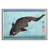 Vintage Japanese poster featuring colorful fish in flowing water - in a black frame