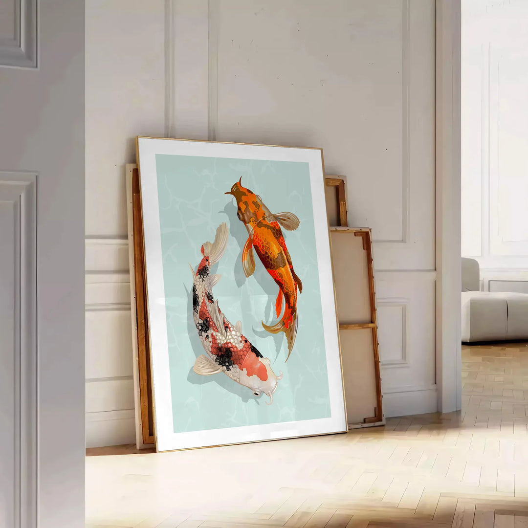 Detailed illustration of a black and green fish swimming in water - leaning on a herringbone floor against a white panelled wall