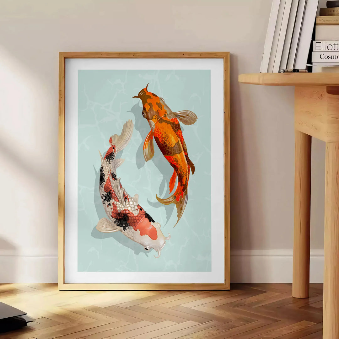 Detailed illustration of a black and green fish swimming in water - beside a round wooden side table with books