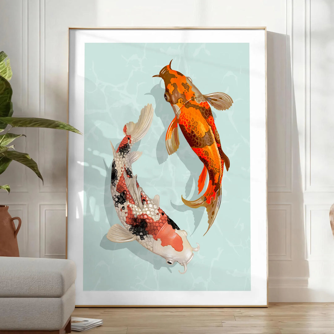 Detailed illustration of a black and green fish swimming in water - in a bright minimalist room with a plant and an armchair