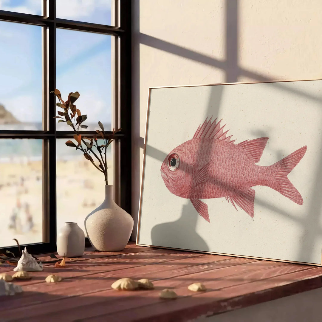A colorful fish illustration with orange and gray tones on a textured background - leaning on a herringbone floor against a white panelled wall
