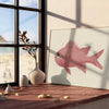 A colorful fish illustration with orange and gray tones on a textured background - leaning on a herringbone floor against a white panelled wall