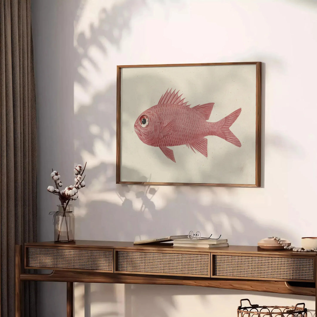 A colorful fish illustration with orange and gray tones on a textured background - styled on a counter with eucalyptus and a bowl of lemons