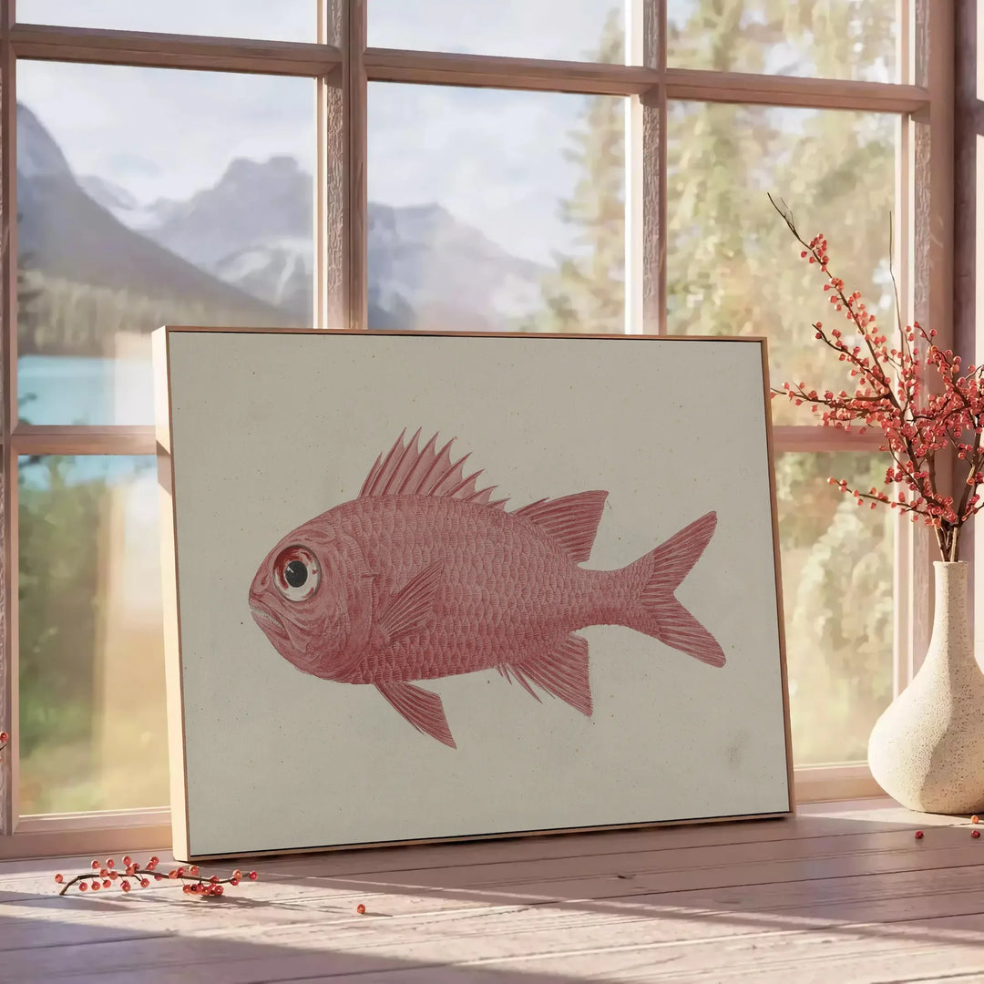 A colorful fish illustration with orange and gray tones on a textured background - beside a round wooden side table with books