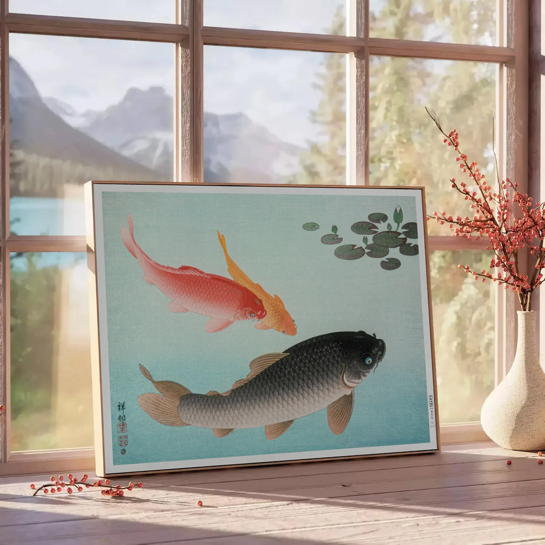Vintage Japanese illustration of fish in serene green and blue hues - beside a round wooden side table with books