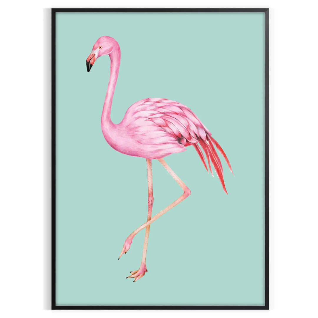 A pink flamingo standing gracefully against a black and orange background