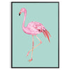 A pink flamingo standing gracefully against a black and orange background - in a black frame