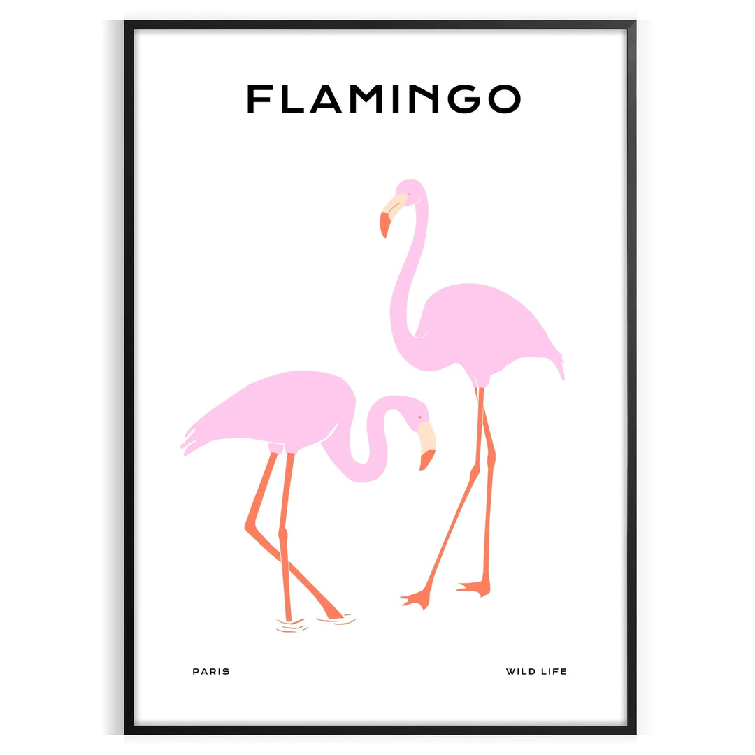 A flamingo in space with bold black and orange colors
