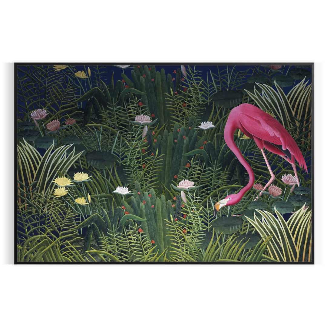 A flamingo illustration against a lush green background - in a black frame
